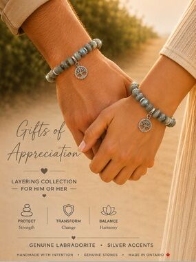 2 for $30 Labradorite Genuine Stone Beaded Bracelet with Tree of Life Charm -